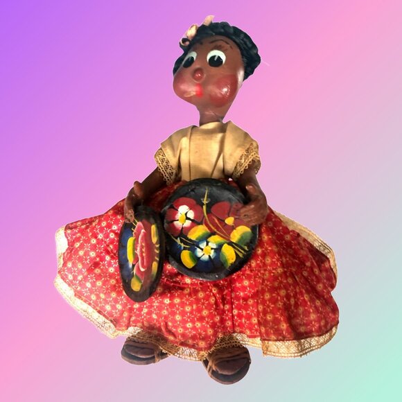 VINTAGE Handmade Mexican Folk Art Paper Mache Fabric Leather Collector Doll 10" - Picture 1 of 6